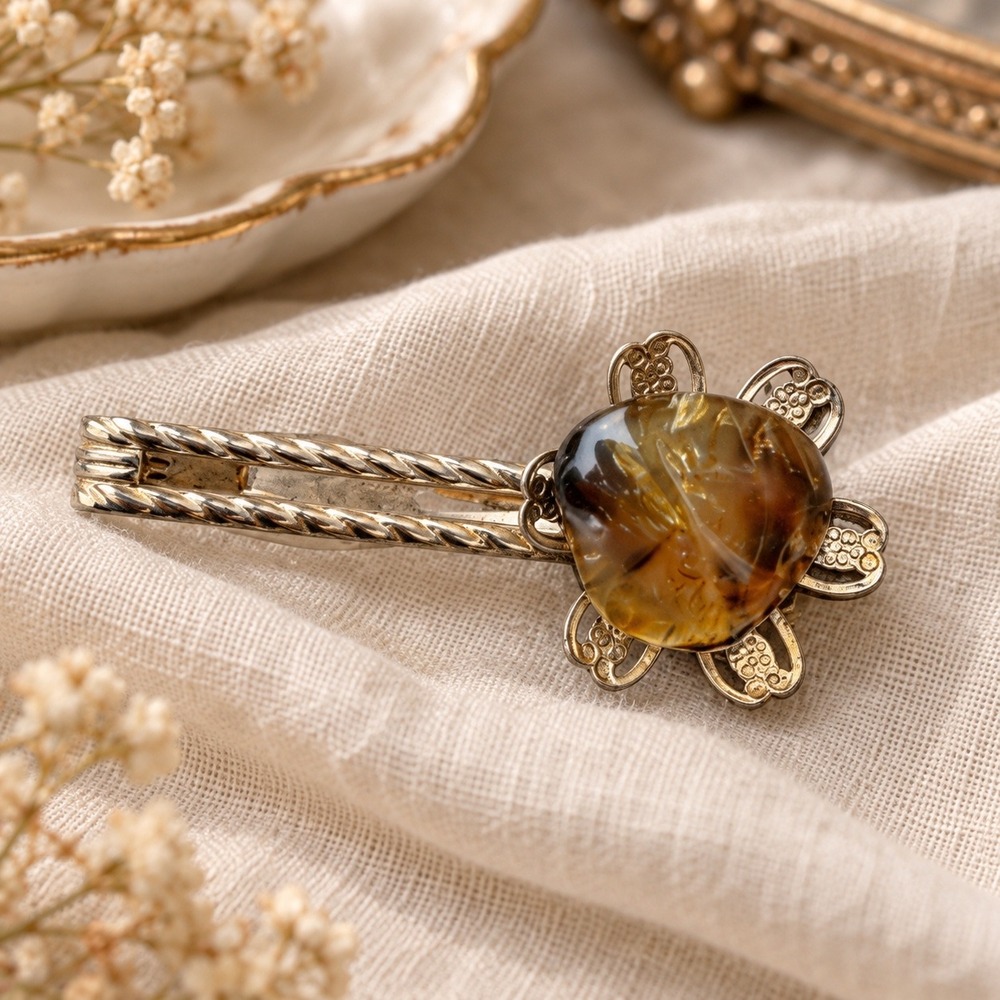 Vintage Gold Tone Filigree Flower Hair Clip Amber Cabochon Alligator Slide
